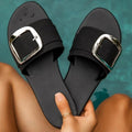 Open Toe Buckle Sandals in Black - front view showing open toe and buckle closure
