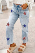 Star-Embellished Cropped Jeans in Light Blue - front view showing star sequin detail
