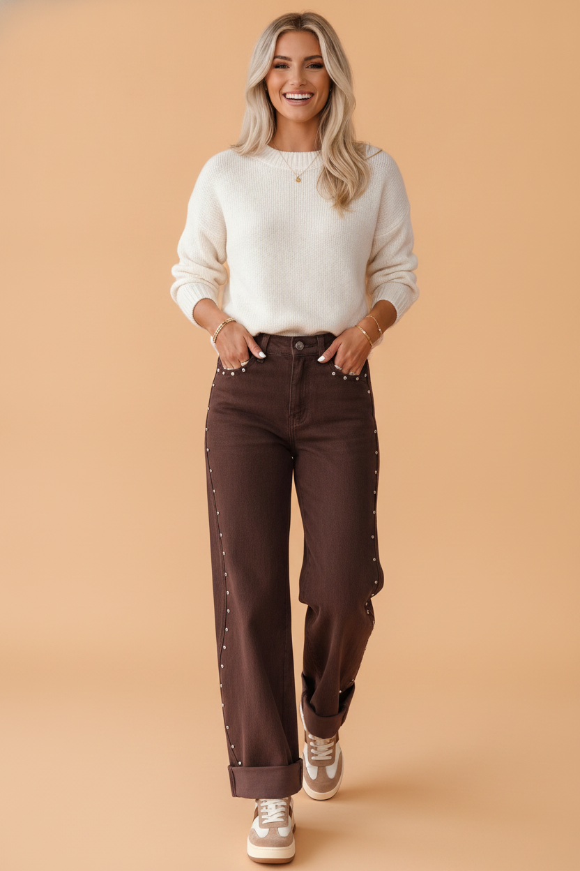 Studded Side Seam Ankle Jeans in coffee, front view