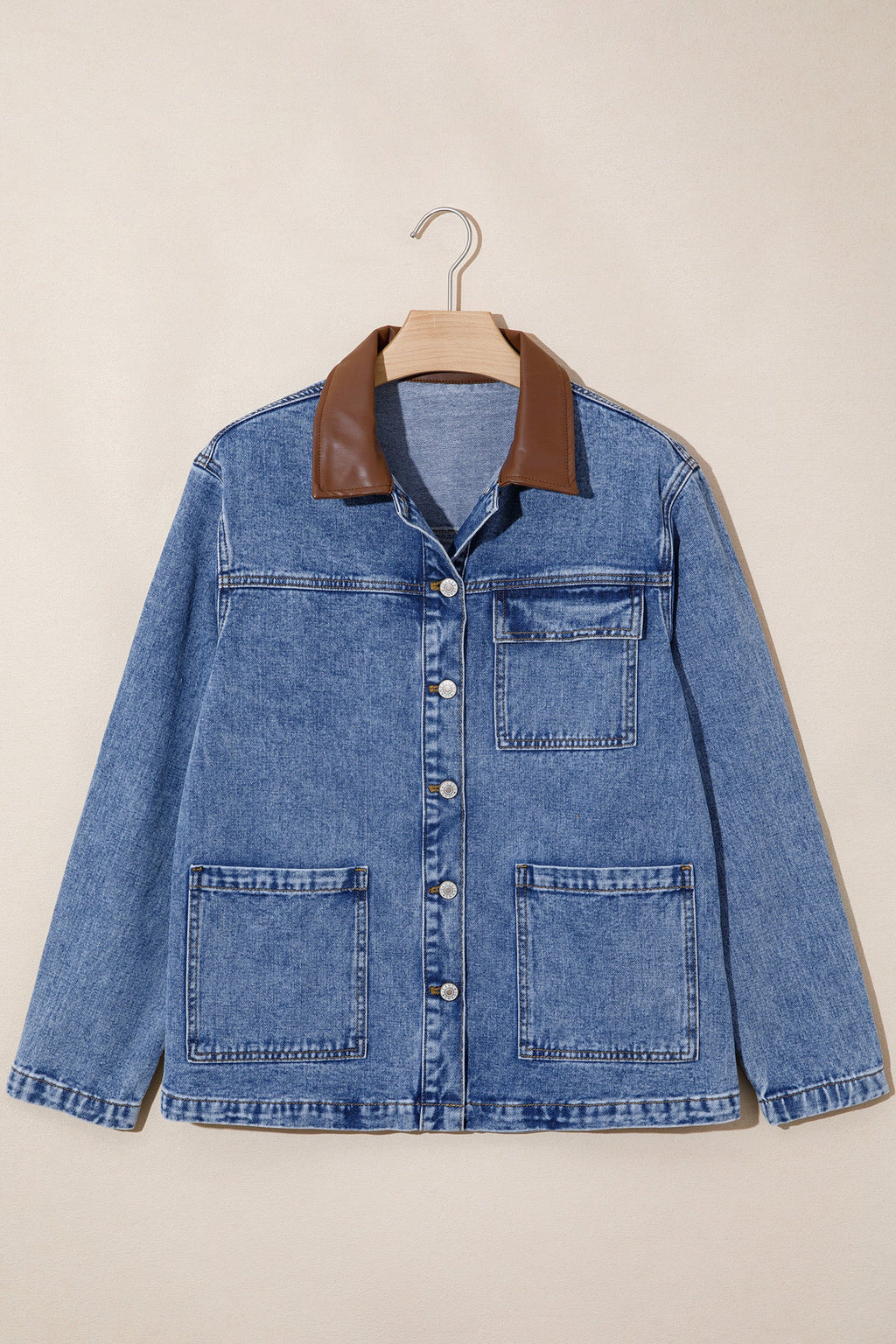 Denim Leather Collar Button Front Jacket in sky blue, detail