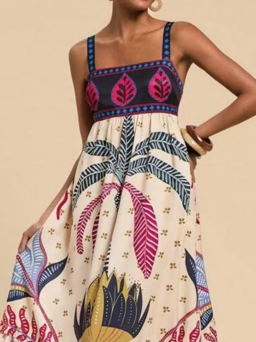 Printed Square Neck Maxi Dress - close up of print fabric