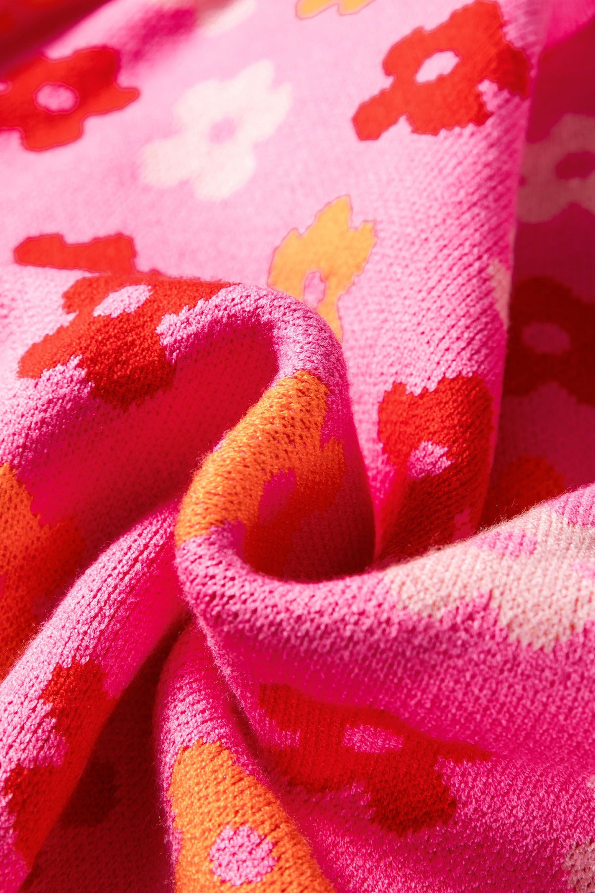 Flower Ribbed Trim Drop Shoulder Sweater in rose, worn