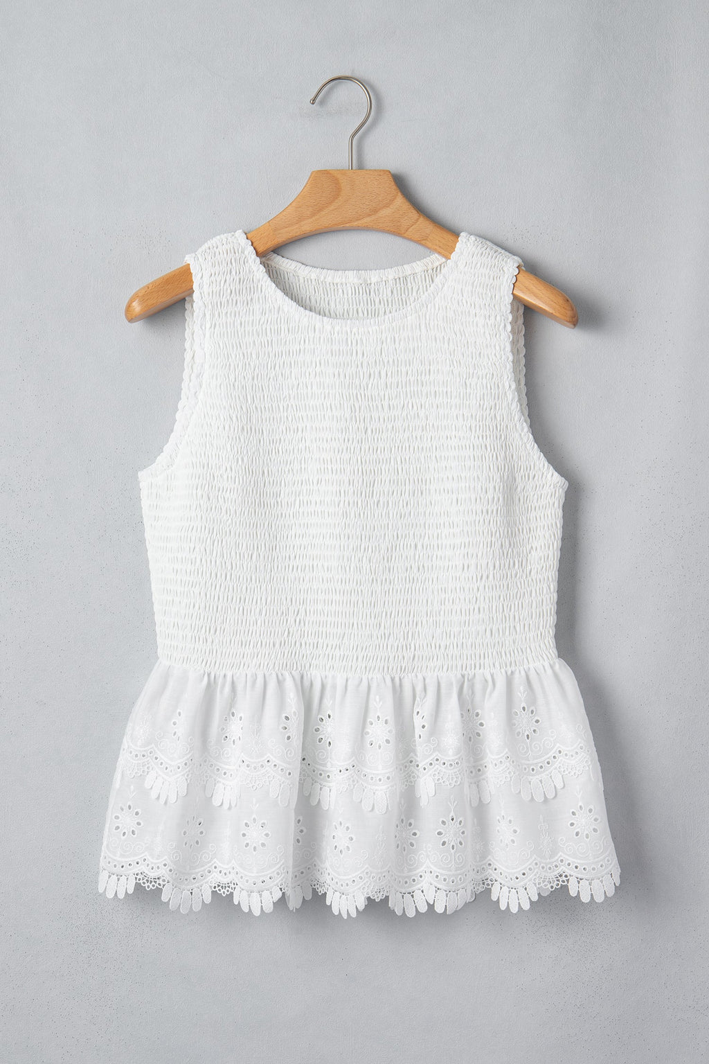 White peplum top eyelet lace hem detail