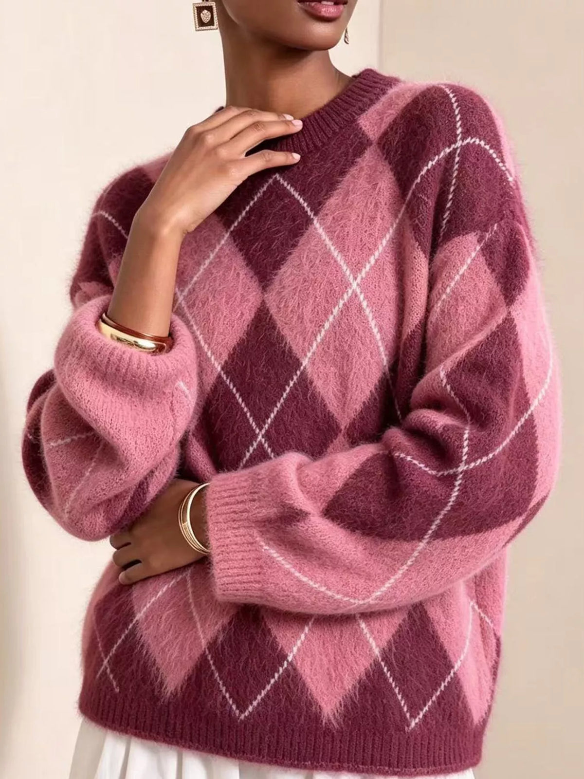 Argyle fuzzy knit sweater, women's relaxed fit - view 9