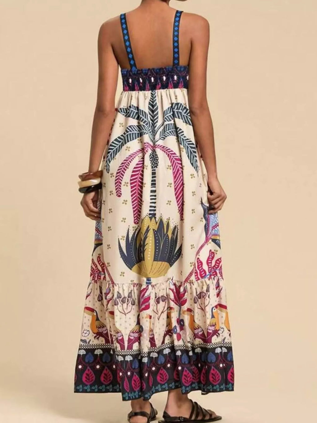 Printed Square Neck Maxi Dress in Tan - back view
