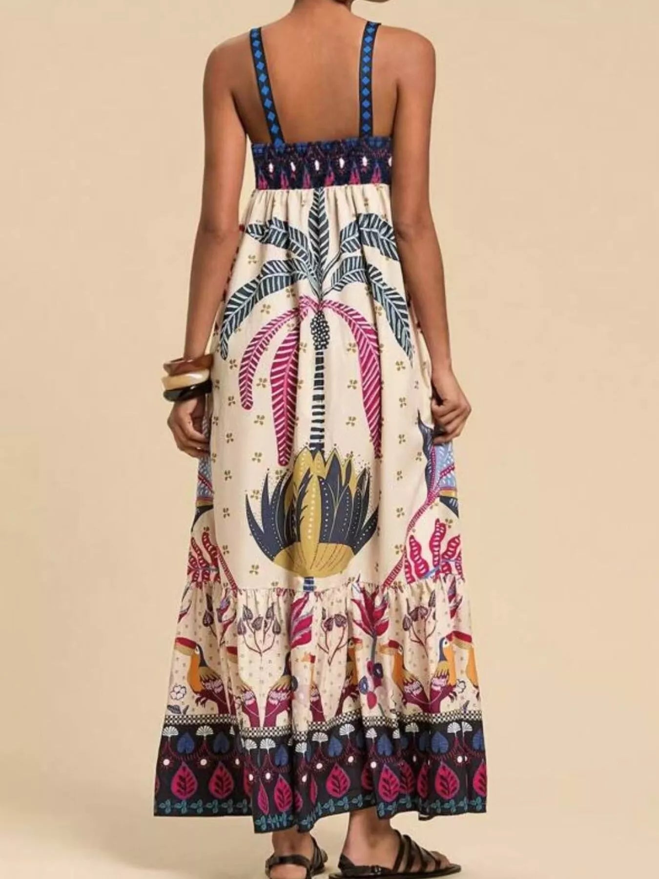 Printed Square Neck Maxi Dress in Tan - back view