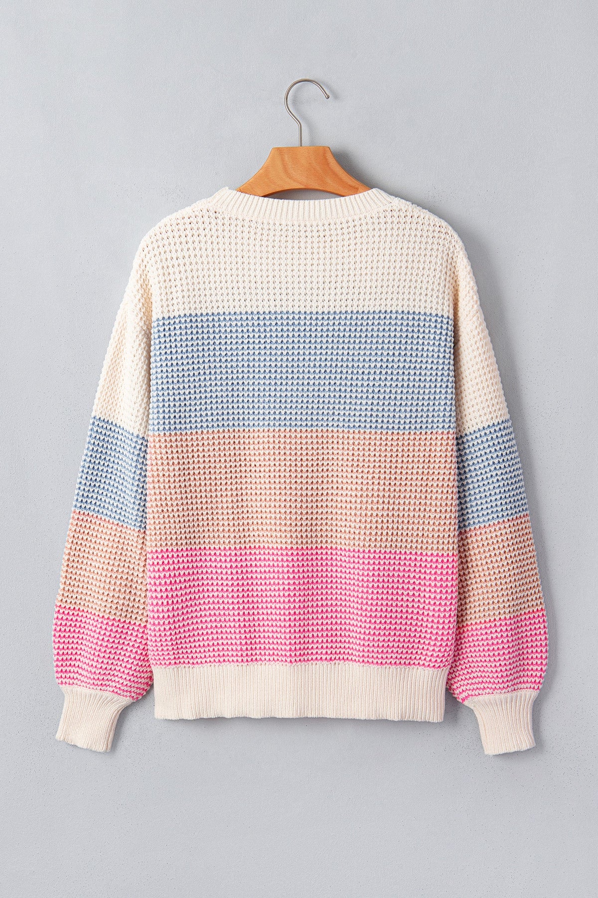 Colorblock Stripe Round Neck Sweater in light blue, side view