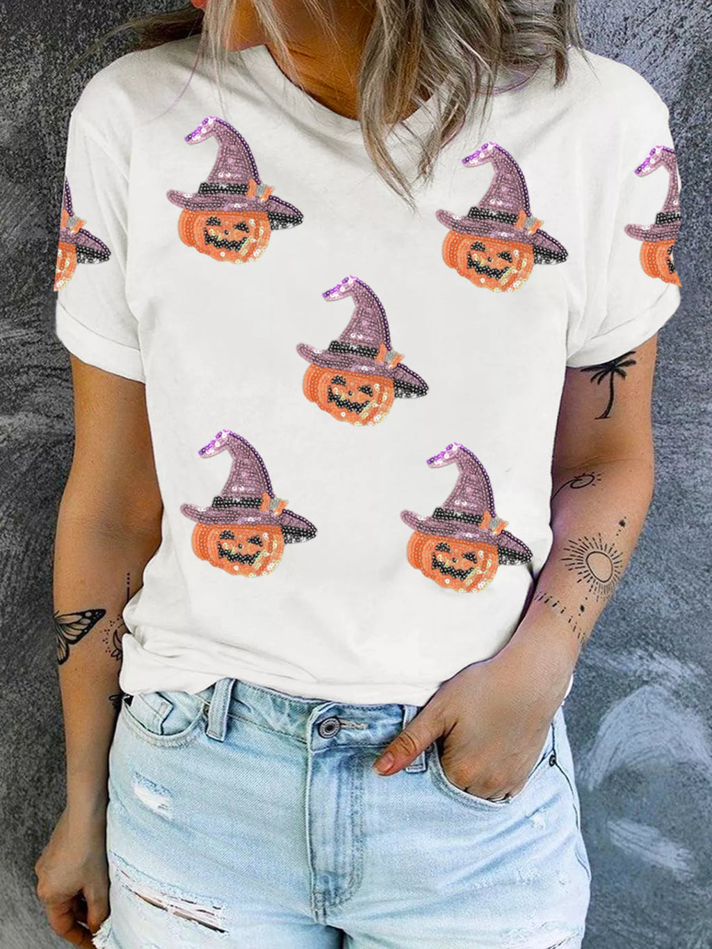 Sequin Pumpkin Witch Halloween Tee - graphic detail