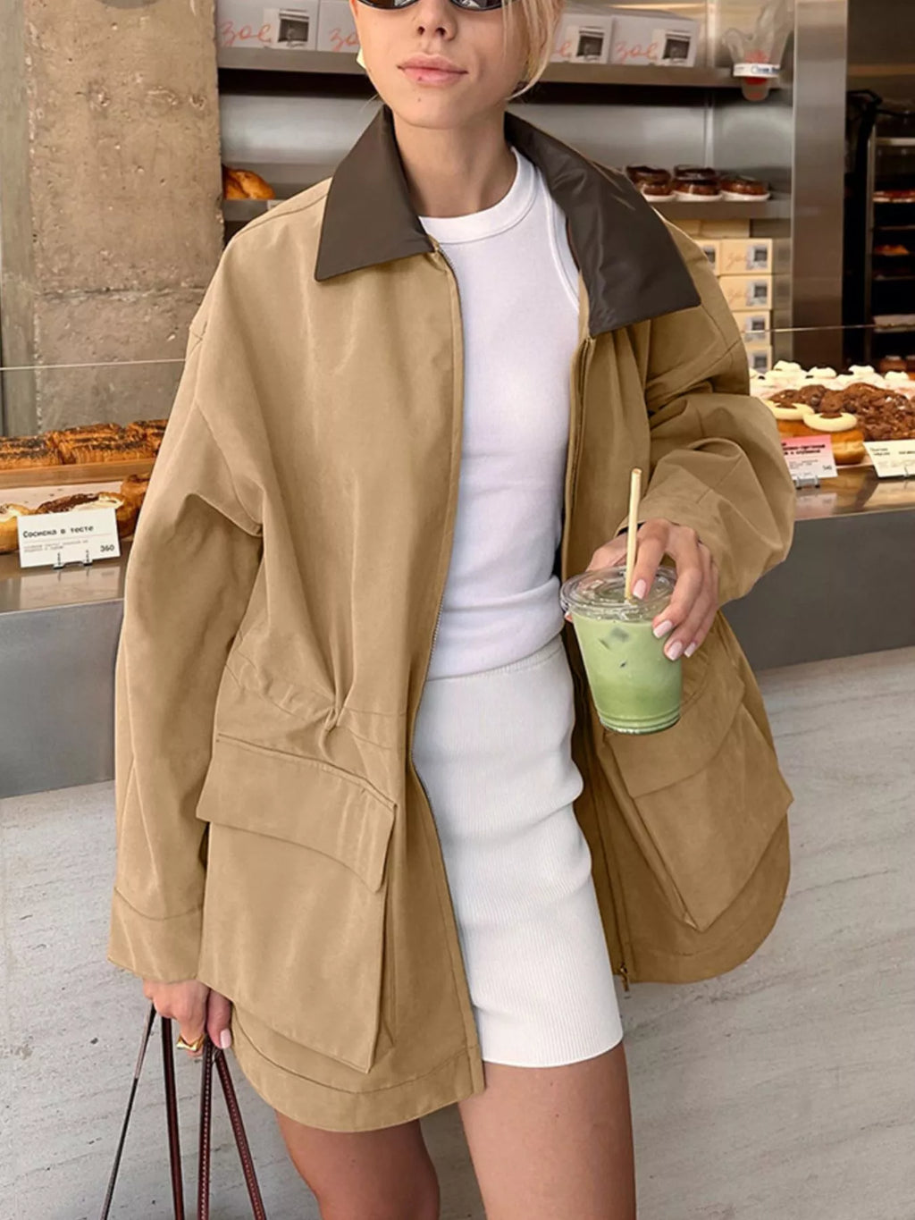 Oversized Contrast Collar Jacket with Drawstring Waist - front view