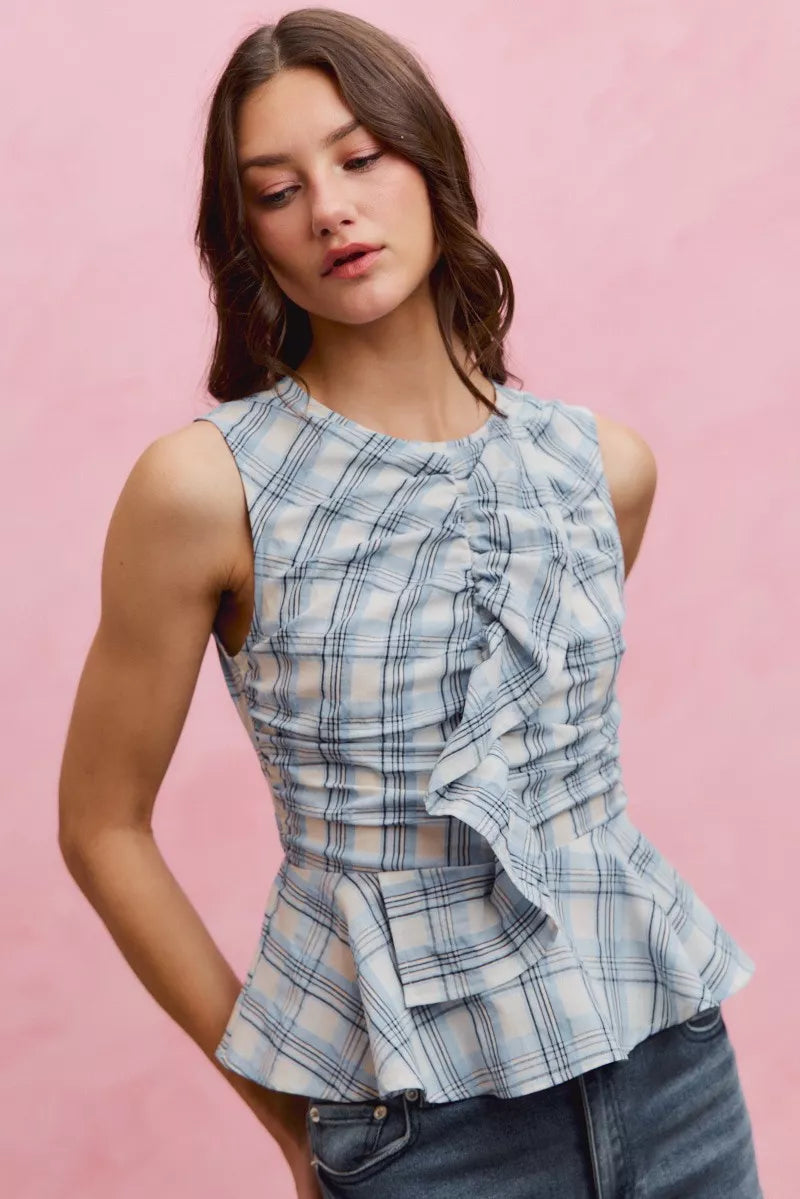 SO ME Plaid Sleeveless Ruffle Peplum Top in Blue - front view showing ruffle peplum silhouette