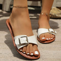 Open Toe Buckle Sandals in Gray White - front view showing buckle closure and low heel