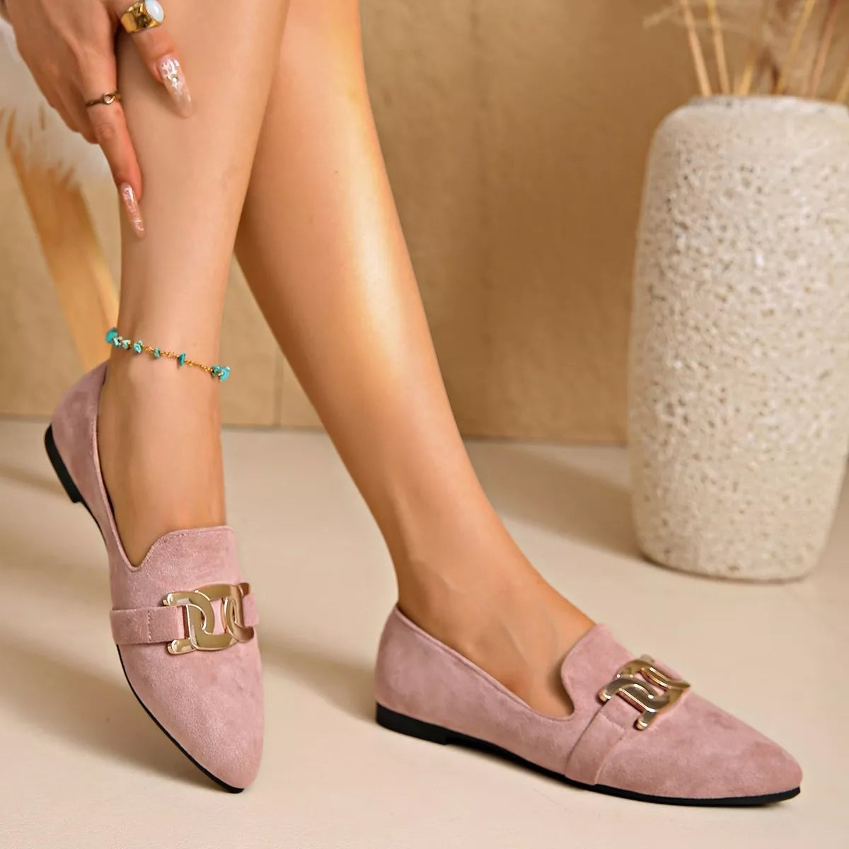 Pointed Toe Chain Detail Loafers in matcha green, black and pink, additional view 1