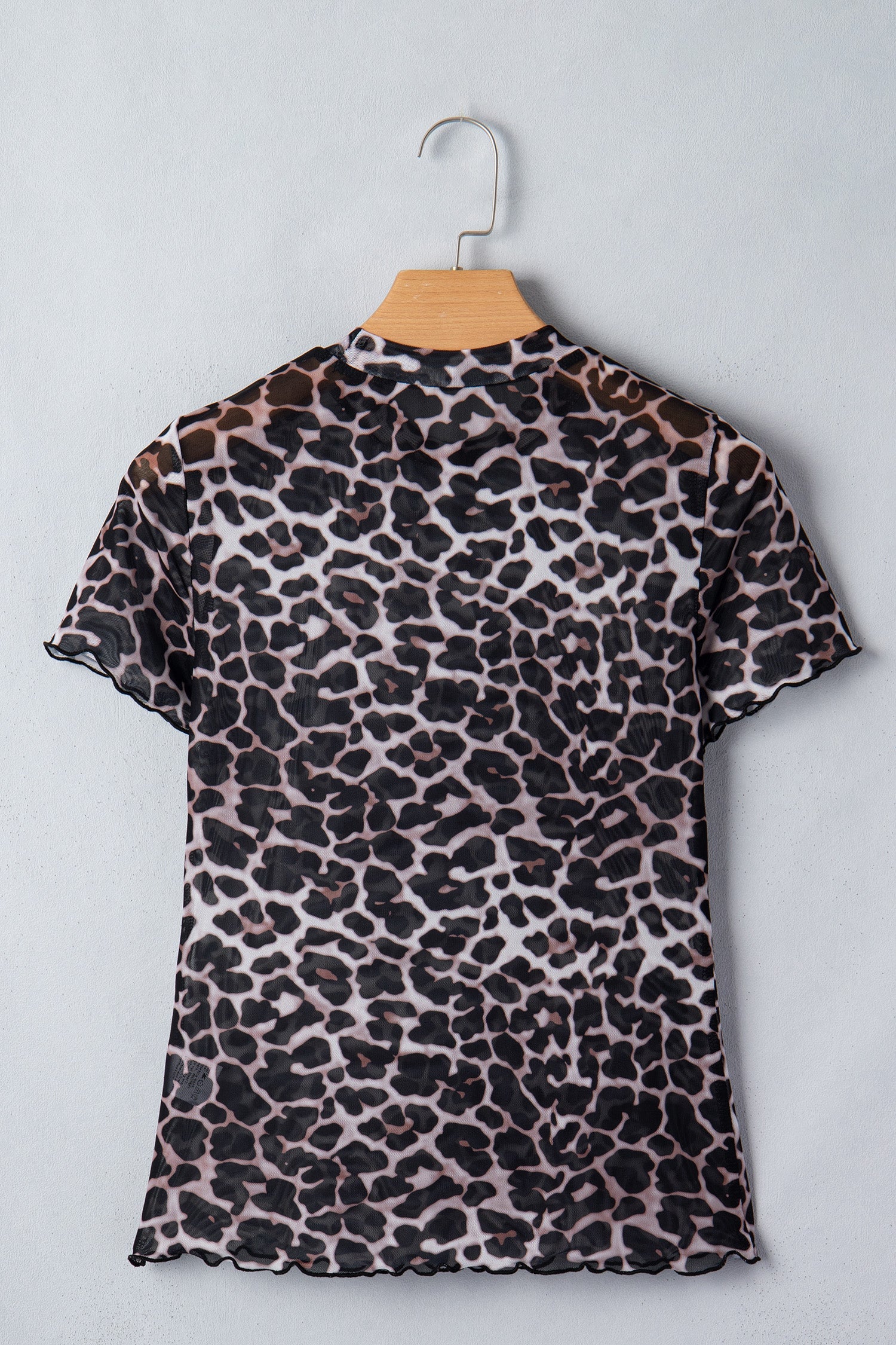 Leopard Sheer Mesh Short Sleeve Top in Khaki - close up of leopard mesh fabric detail