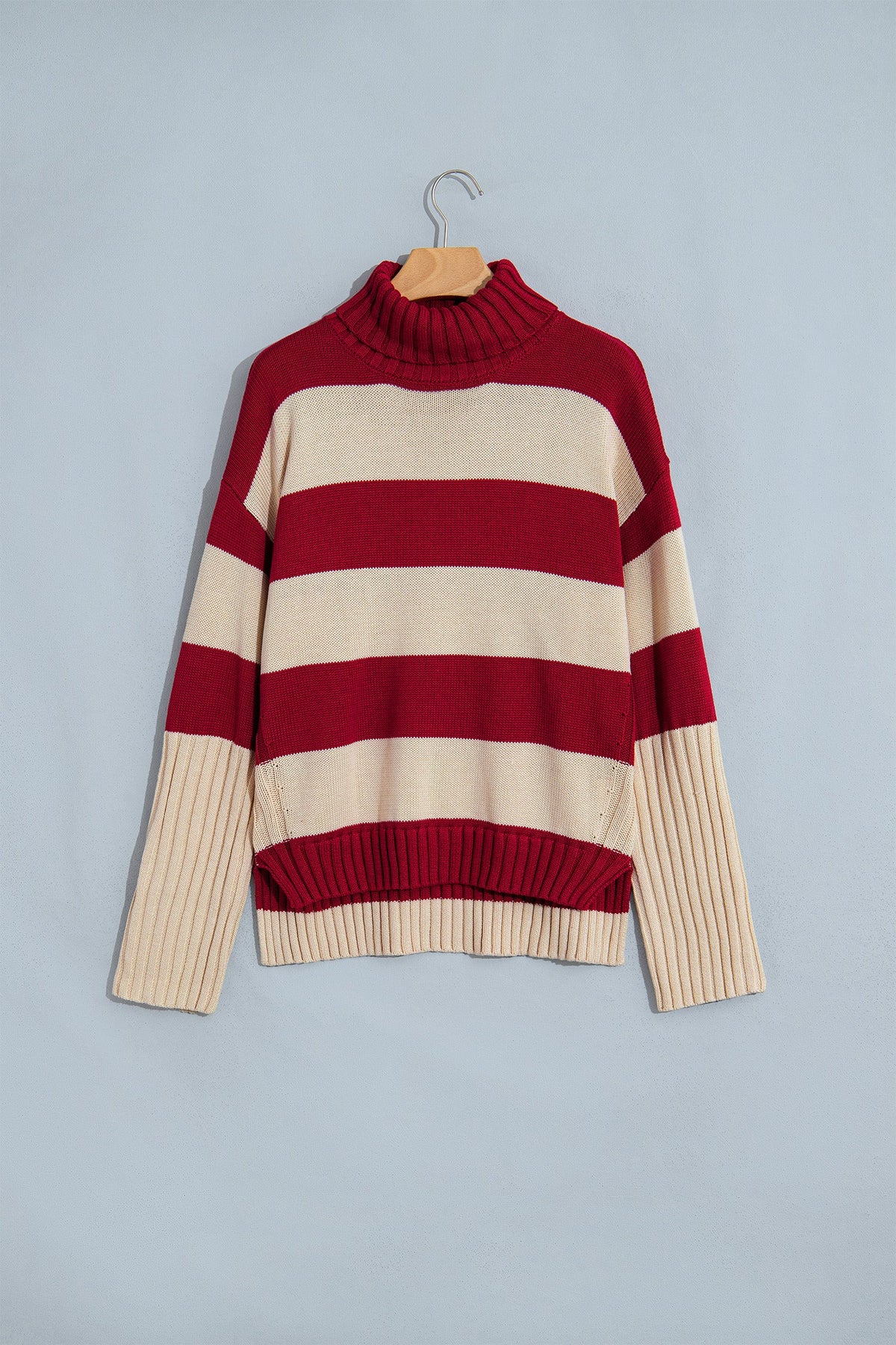 Stripe Ribbed Trim Turtleneck Sweater - detail view