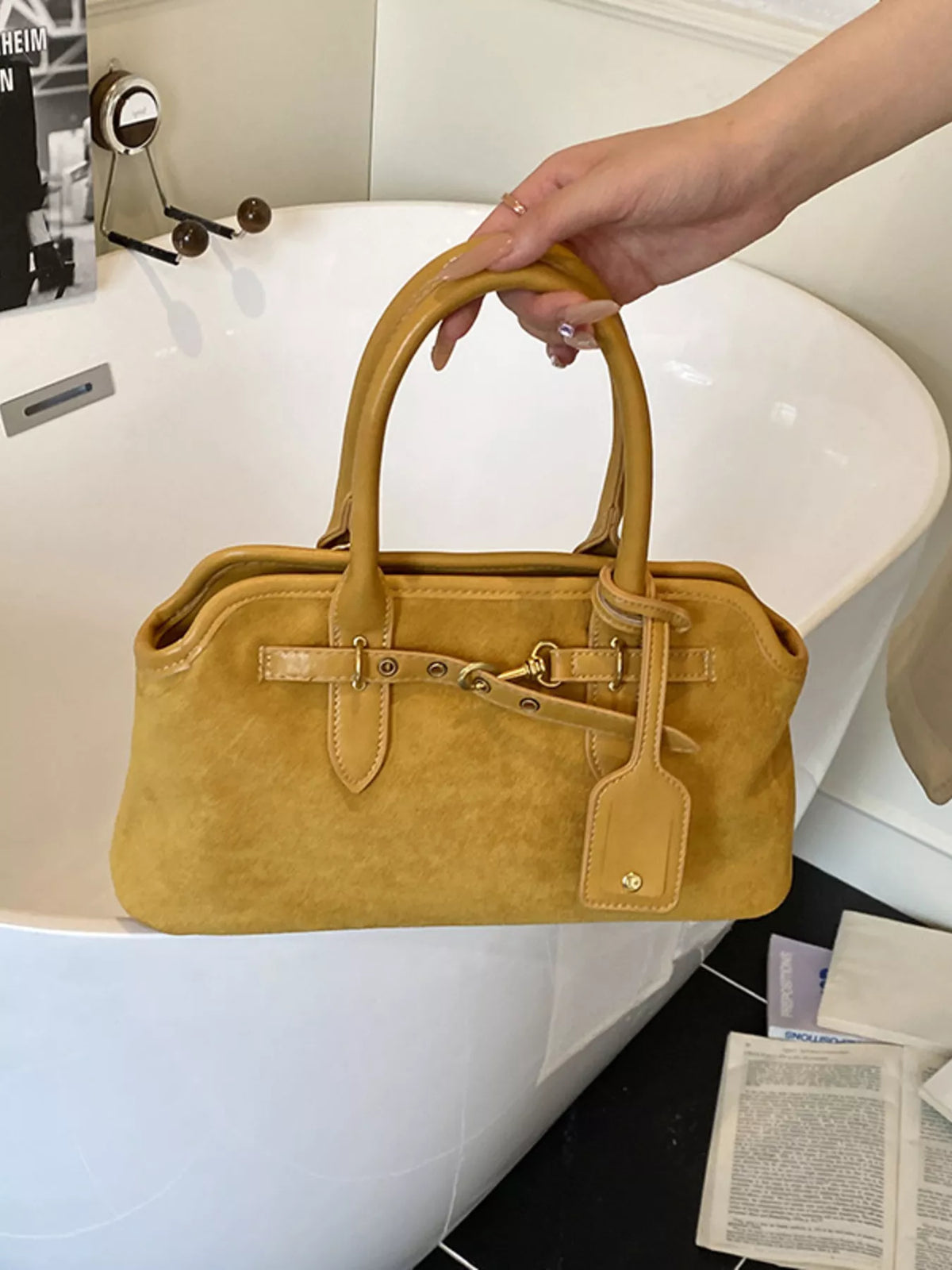 Suede Buckle Detail Handbag in black, coffee brown, green and yellow, additional view 1