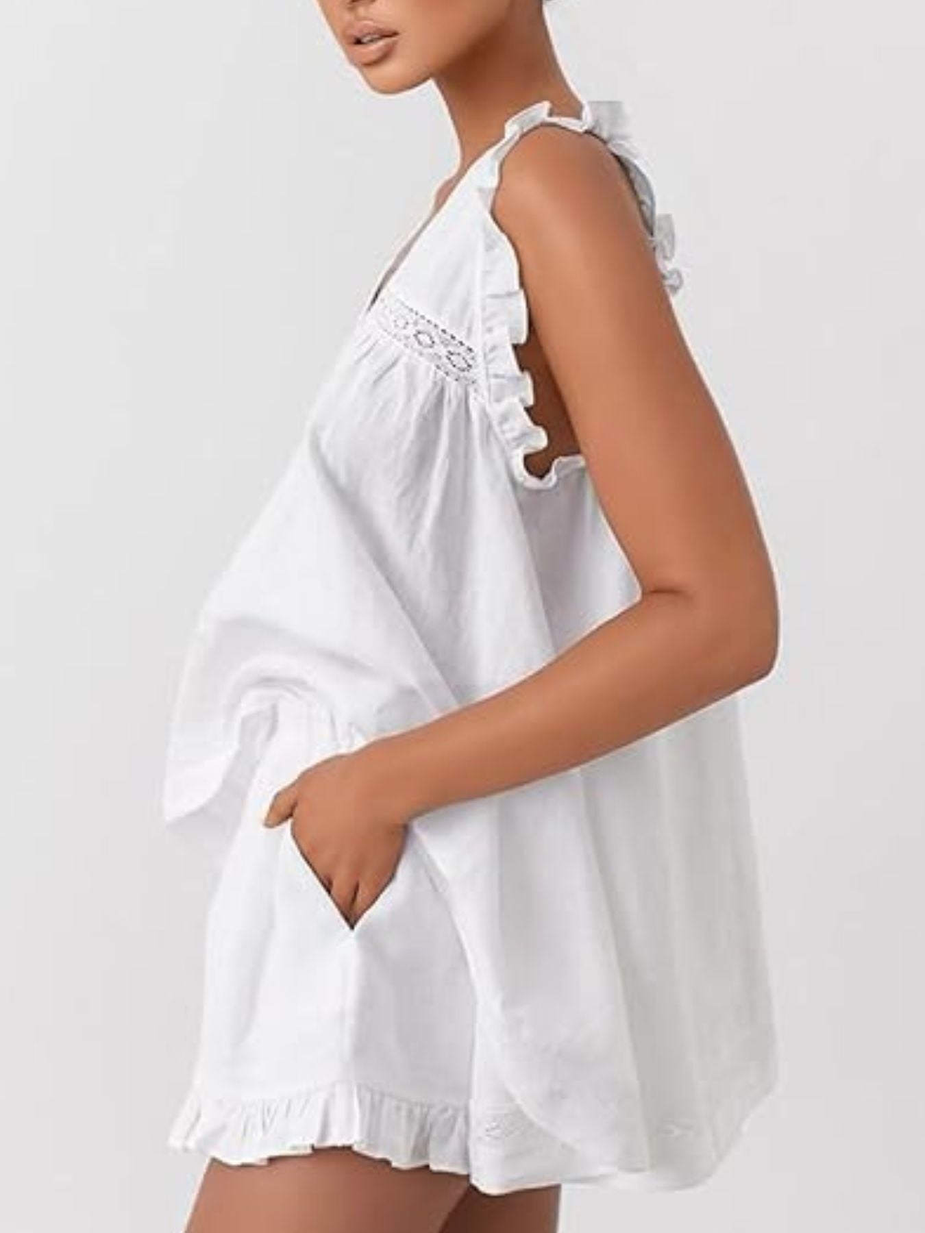 Ruffle Trim V-Neck Top and Shorts Set - ruffled two-piece set, view 5