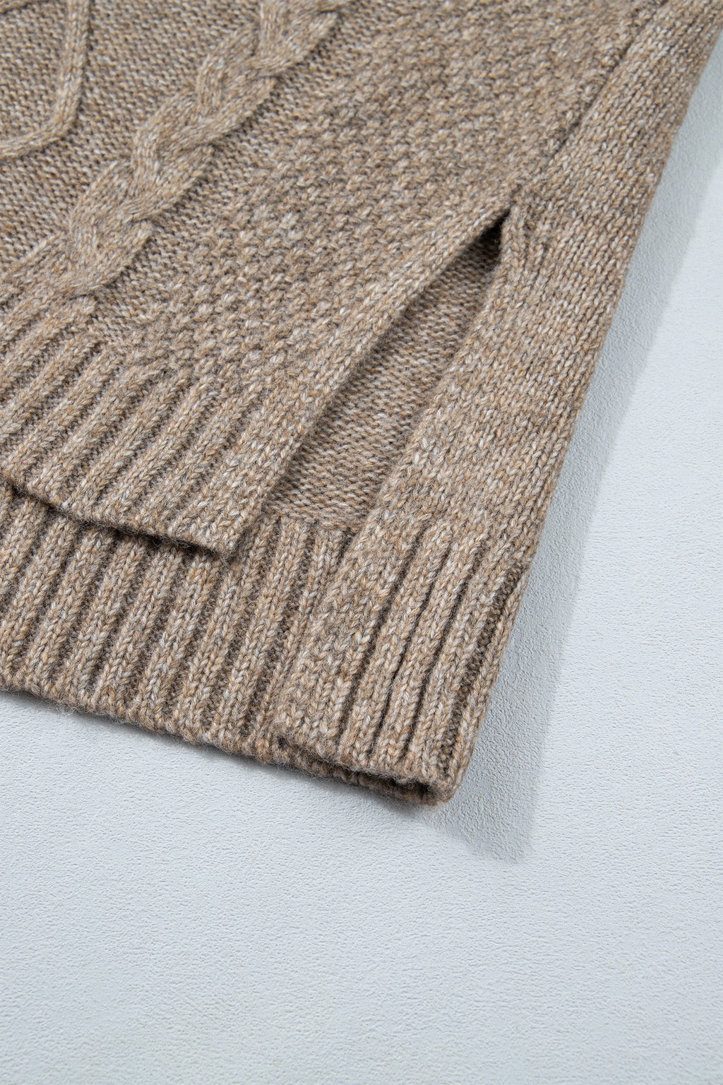 Cable Knit Turtleneck Split Hem Sweater in dark khaki, side view