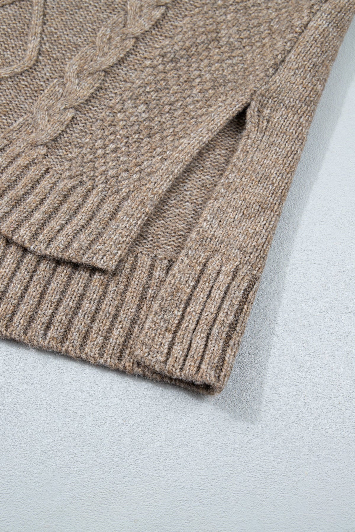 Cable Knit Turtleneck Split Hem Sweater in dark khaki, side view