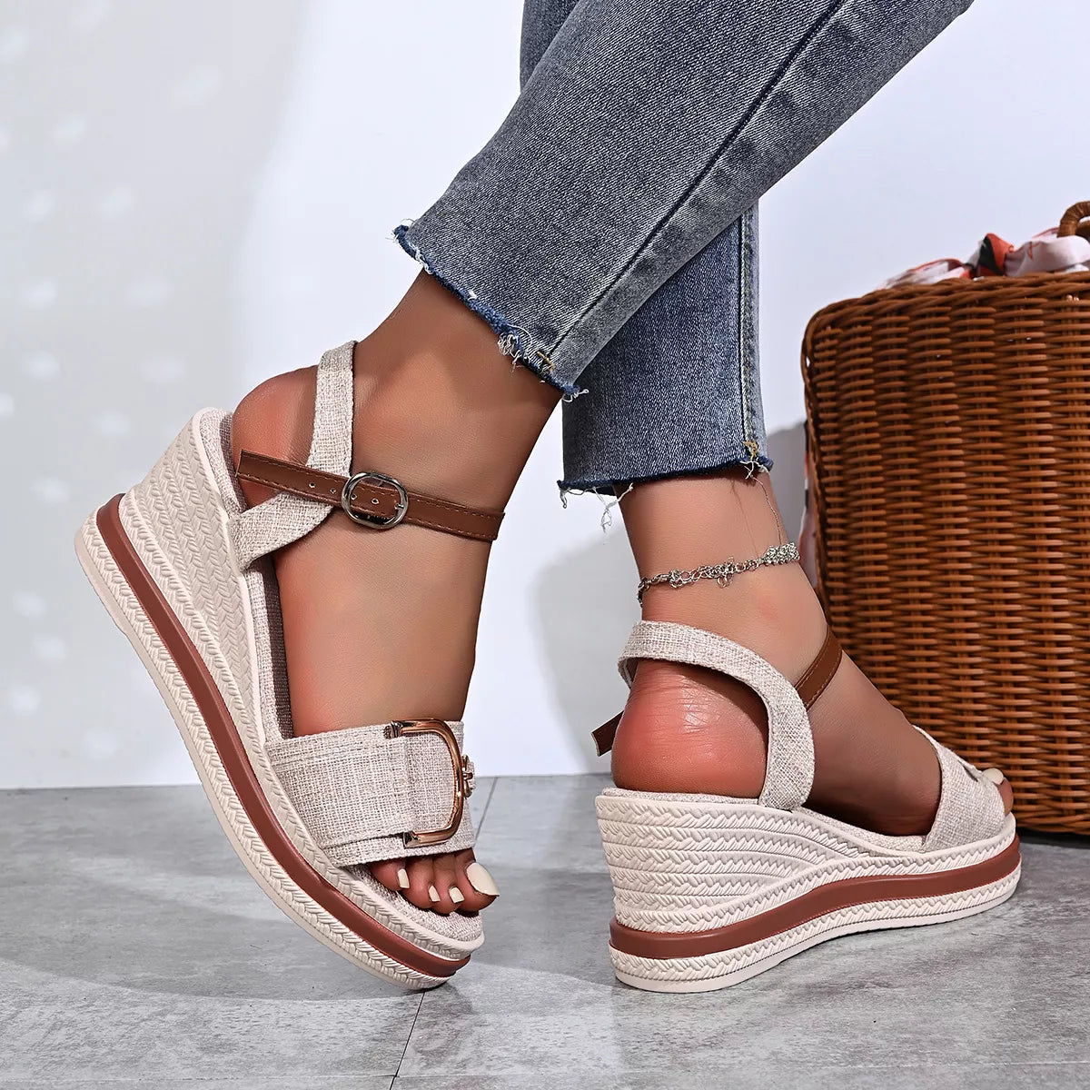 Open Toe Wedge Sandals in Beige - side view showing wedge height