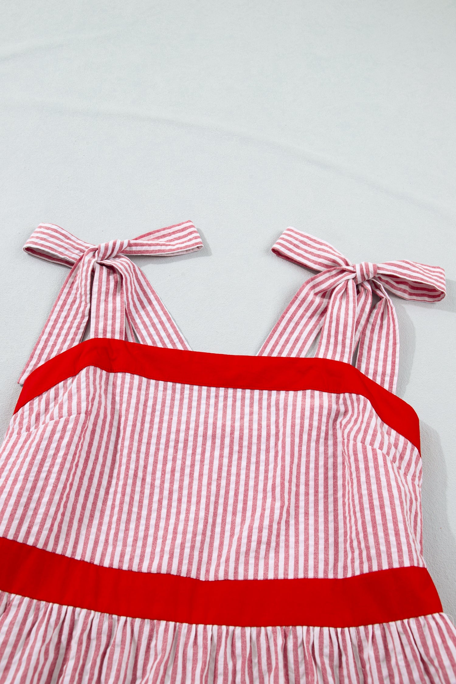 Stripe Bow Tie Straps Ruffle Hem Maxi Dress - side view showing maxi length