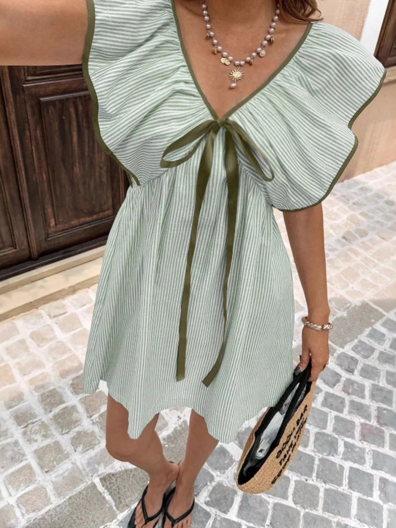 Striped Ruffle Sleeve Mini Dress - striped bow ruffle sleeve dress, view 11