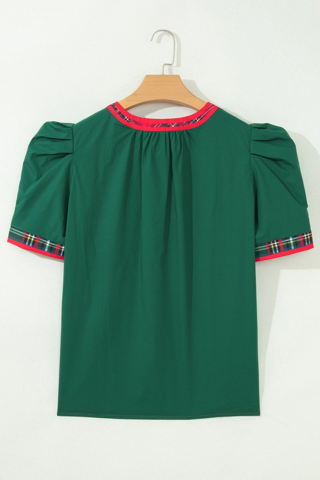 Plaid Contrast Trim V-Neck Short Sleeve Blouse in Evergreen, styled view