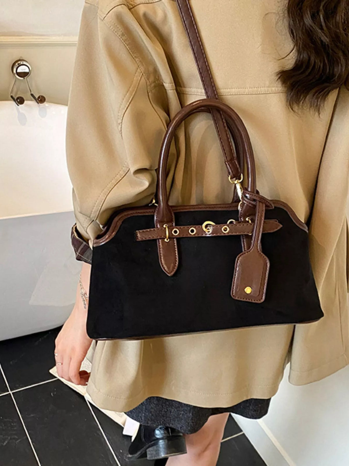 Suede Buckle Detail Handbag in black, coffee brown, green and yellow, detail view