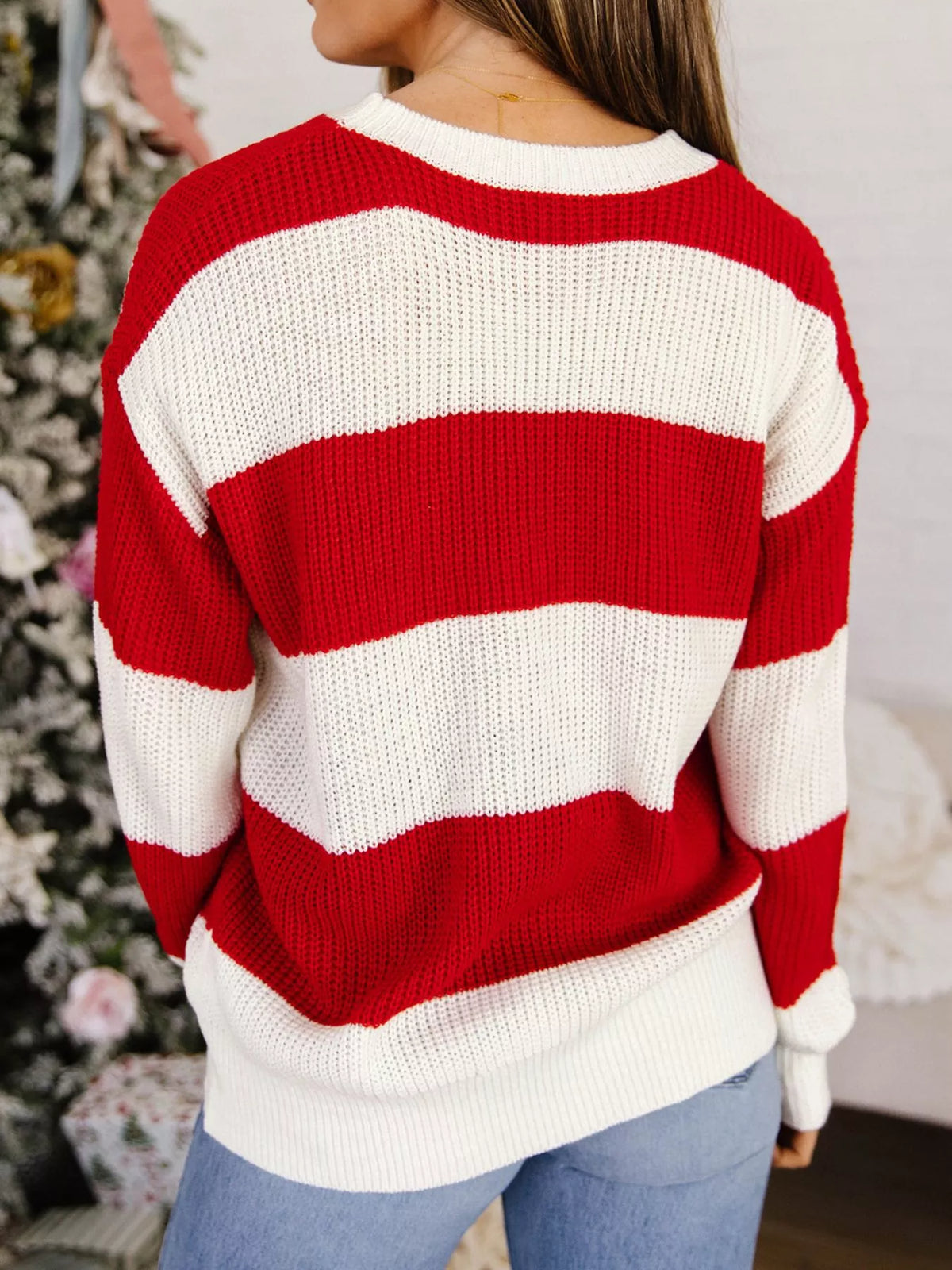 Scarlet striped MERRY Christmas sweater with drop shoulder - view 3