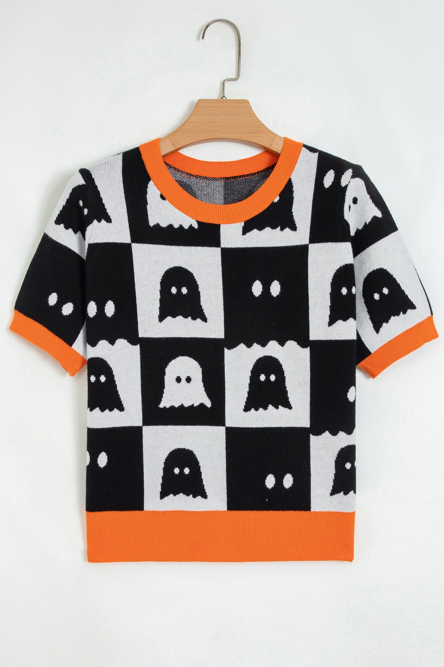 Halloween Ghost Checker Short Sleeve Knit Top in White, detail view