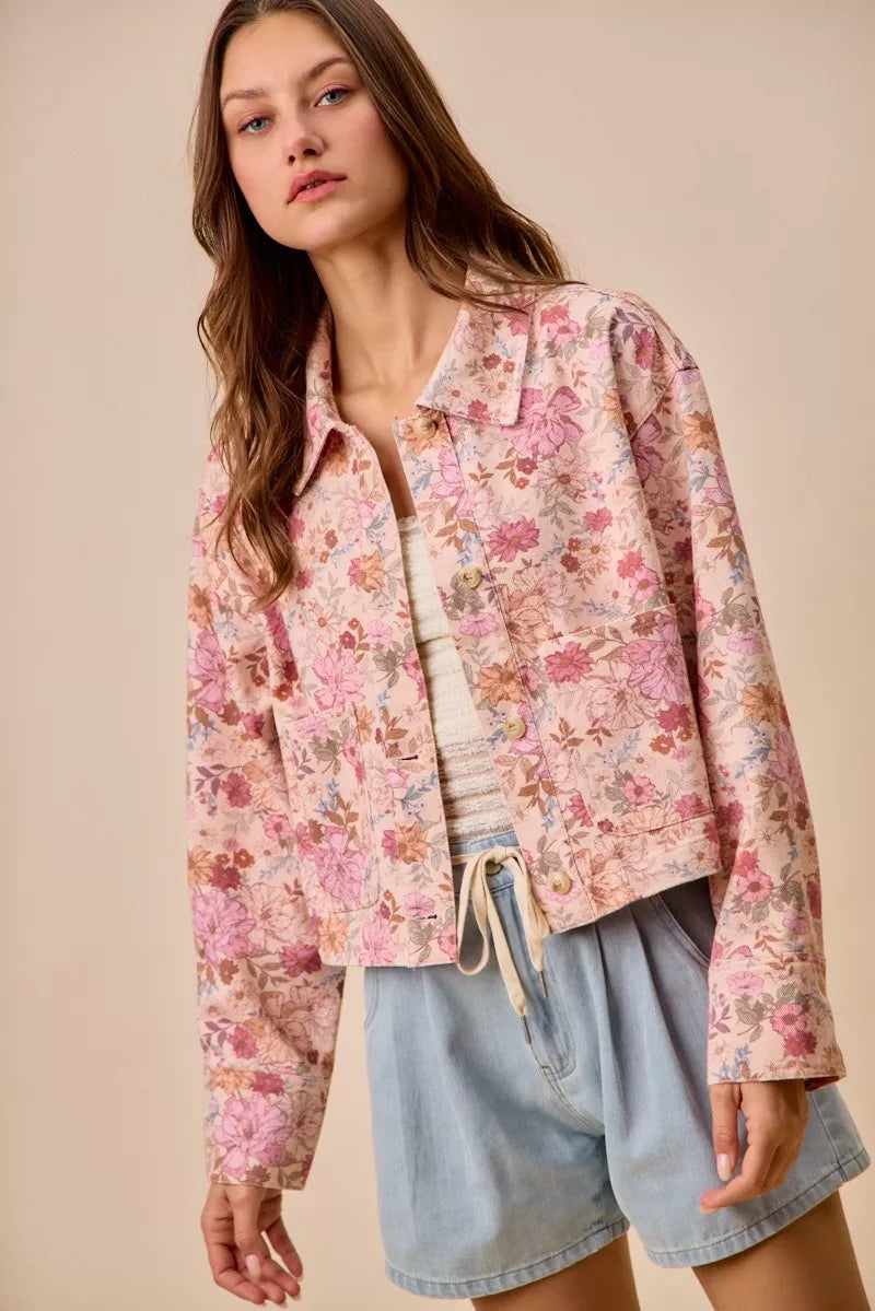 SO ME Floral Print Cotton Twill Button Down Barn Jacket - full length view