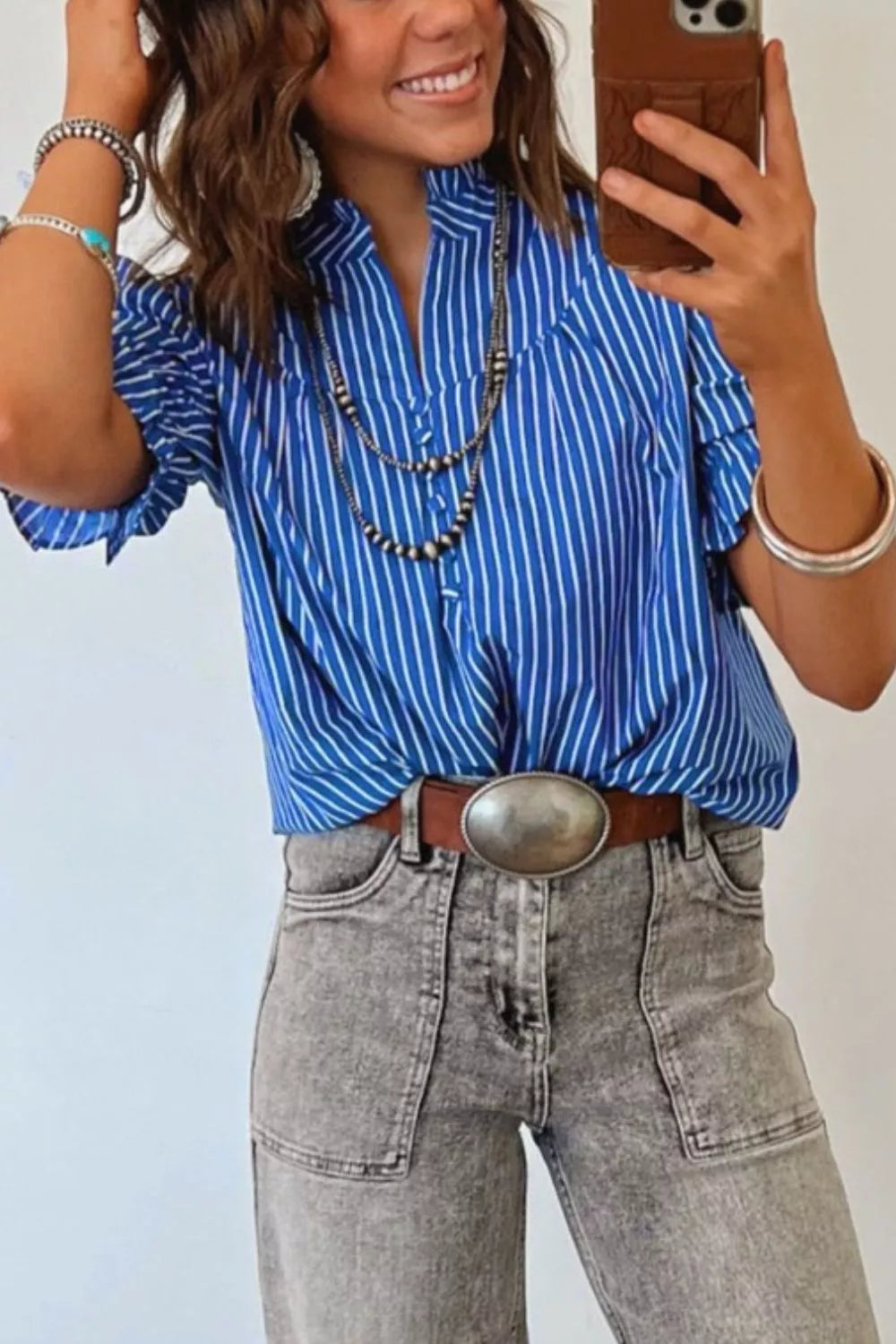 Stripe Ruffled Short Puff Sleeve Button Front Blouse - close up of ruffle and puff sleeve detail