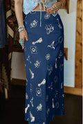 Western Print Satin Maxi Skirt in Navy - front view showing flowing satin silhouette