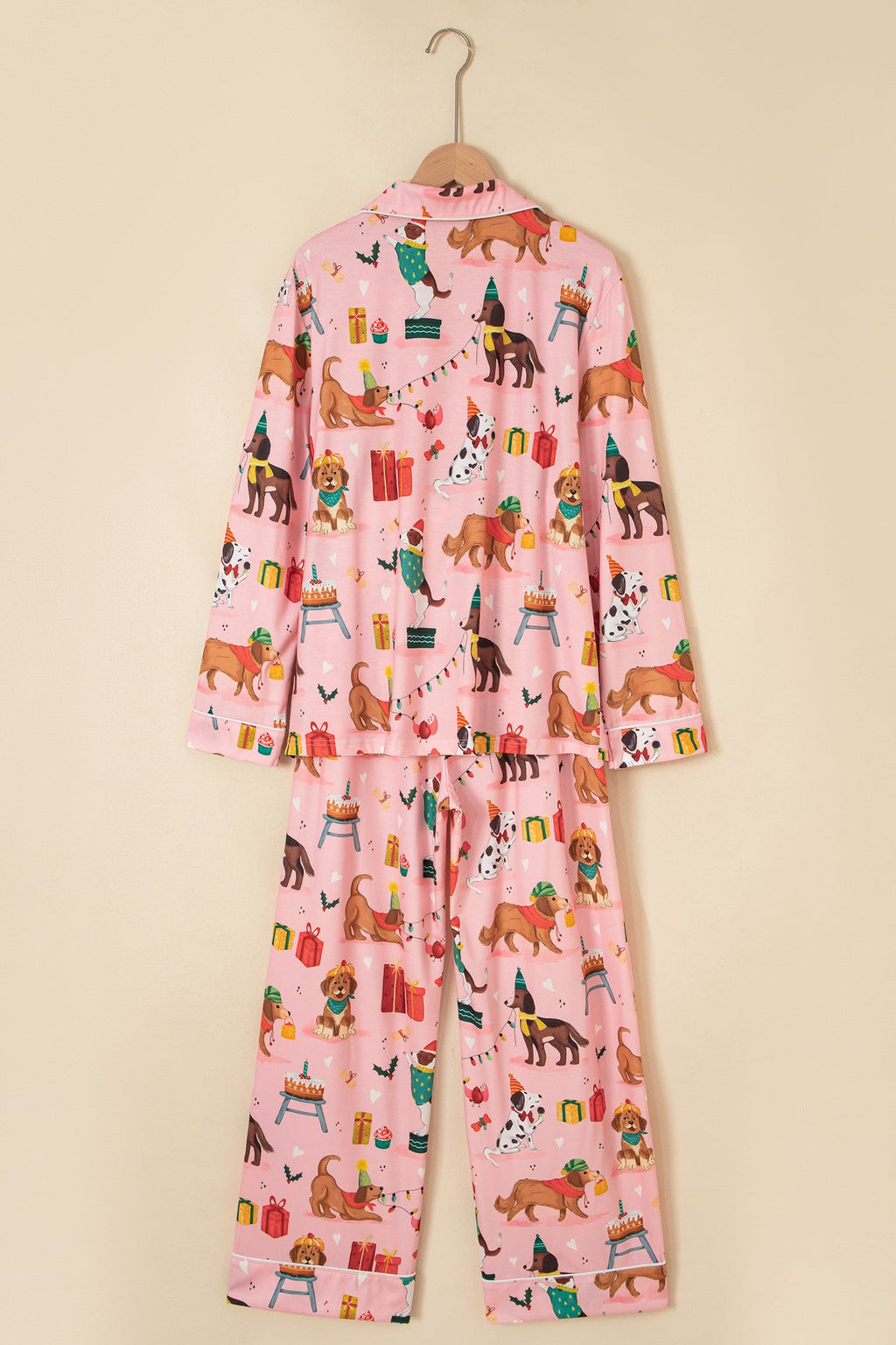 Christmas Dog Print Pajama Set in pink, styled view