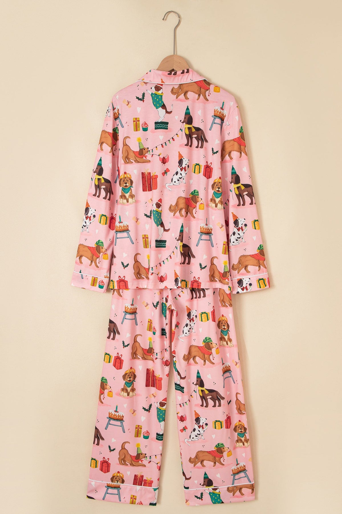 Christmas Dog Print Pajama Set in pink, styled view