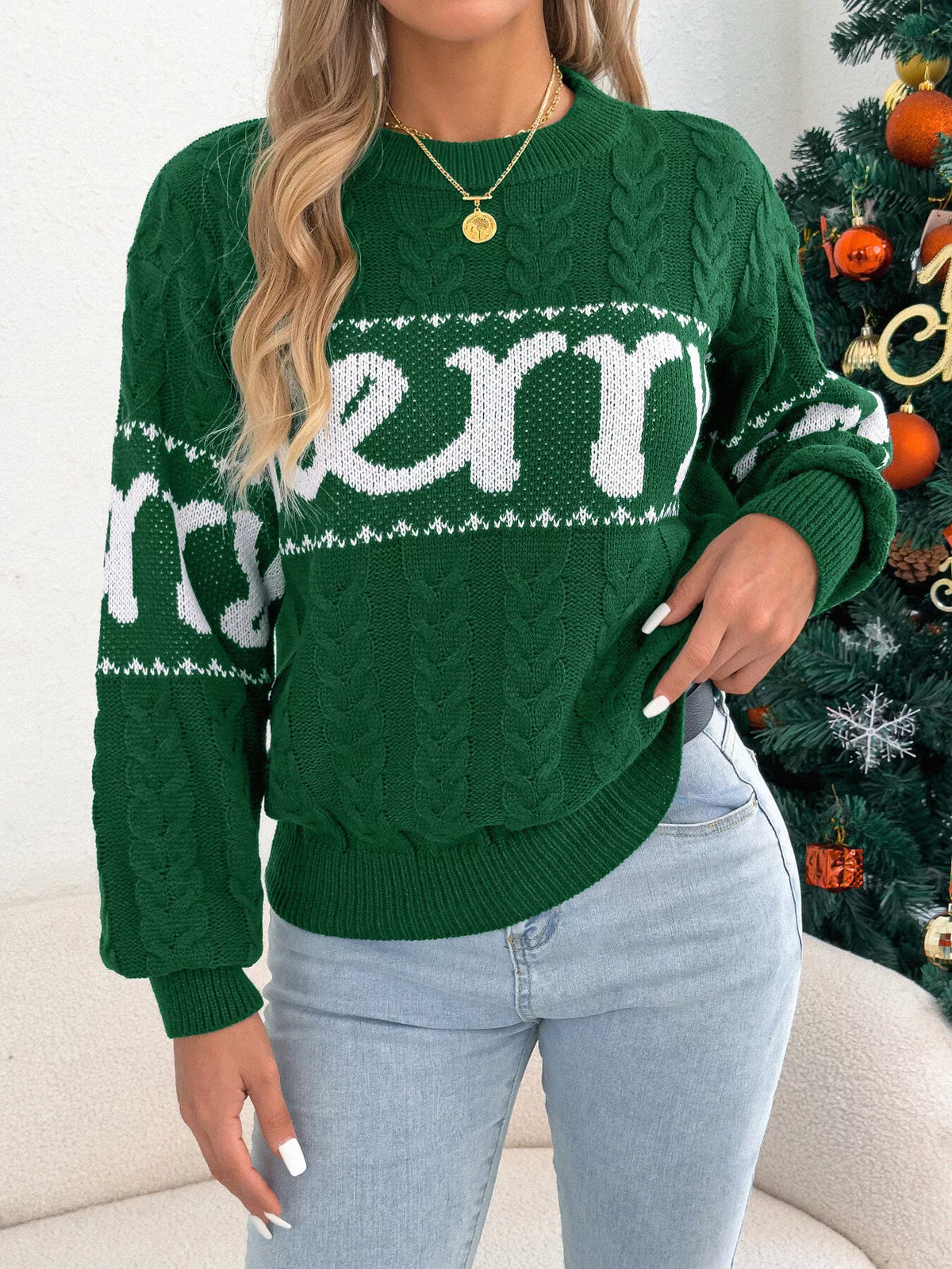 Merry cable knit Christmas sweater in red and green - view 5