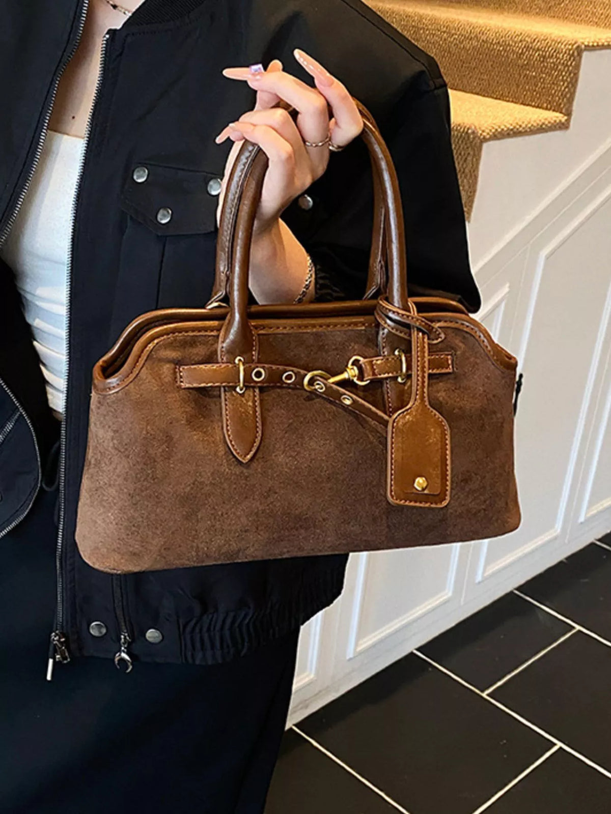 Suede Buckle Detail Handbag in black, coffee brown, green and yellow, back view