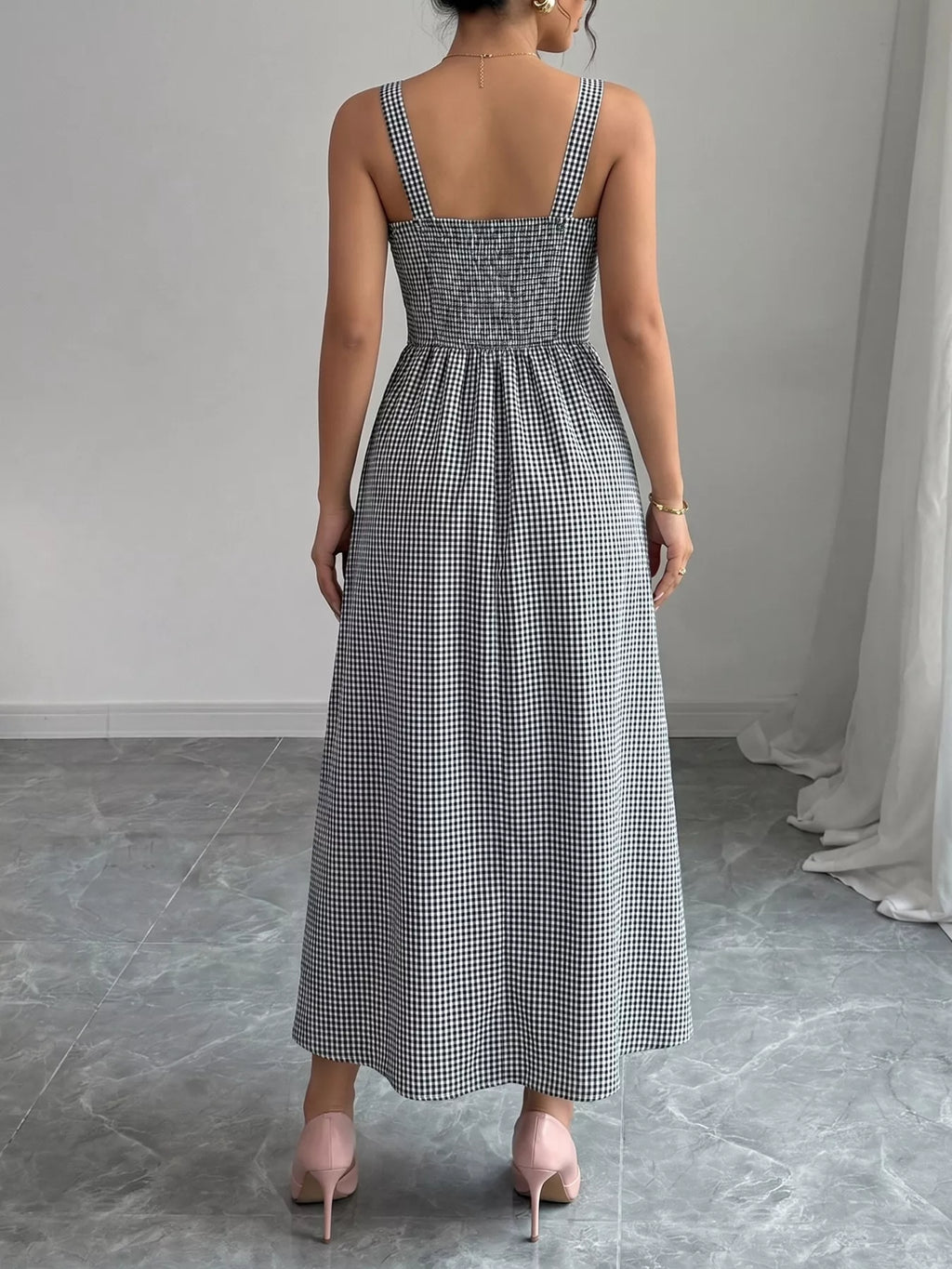 Square Neck Gingham Midi Dress - pleated gingham midi dress, view 5