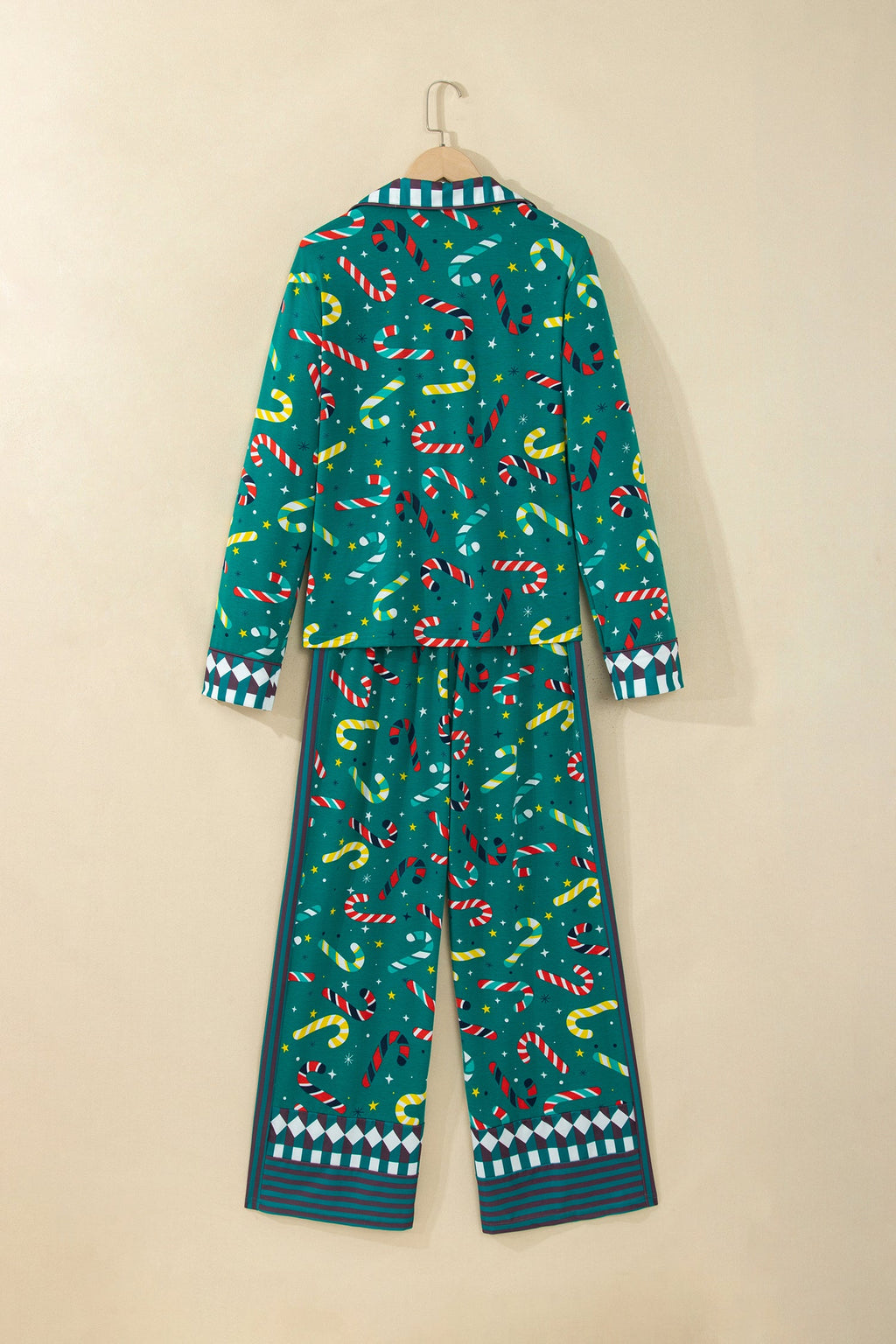 Christmas Candy Cane Pajama Set in green, styled view