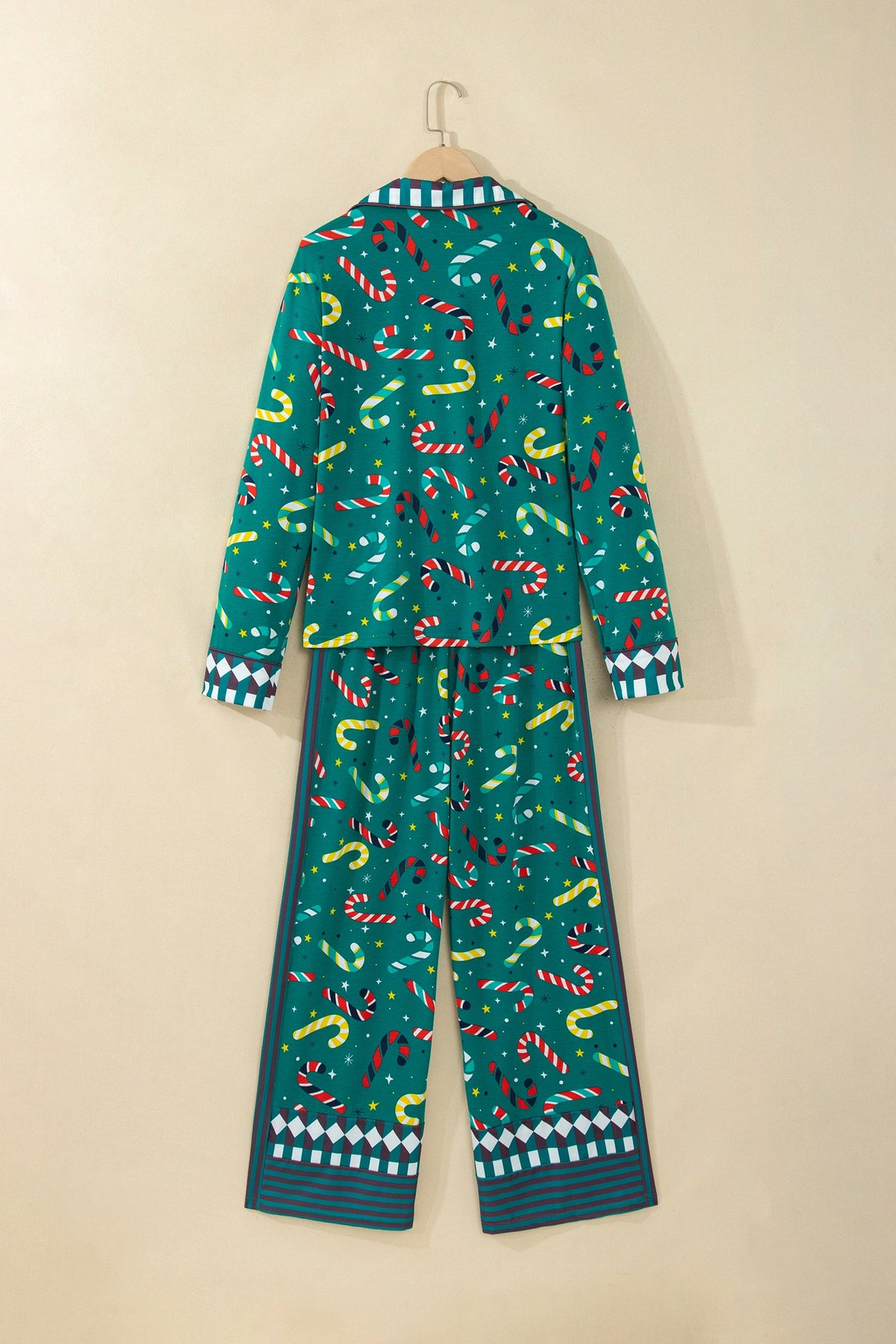 Christmas Candy Cane Pajama Set in green, styled view