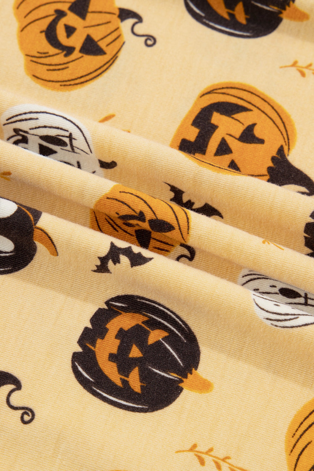 Halloween Jack-O-Lantern Ruffle Top and Shorts Lounge Set in Orange, close-up print detail