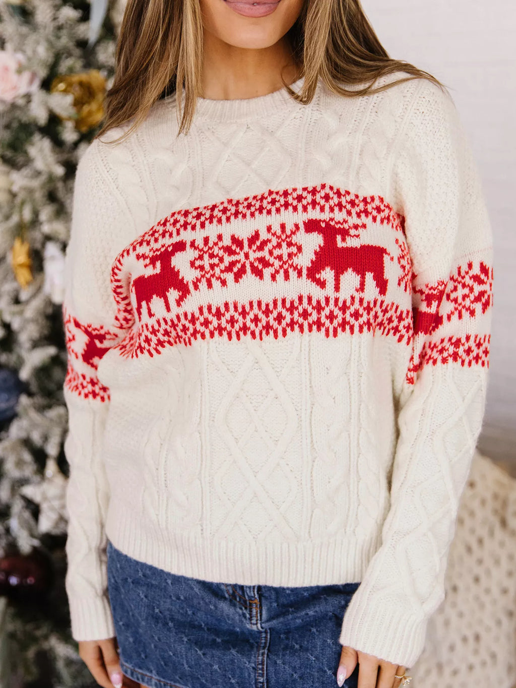 Cream reindeer cable knit Christmas sweater - view 1