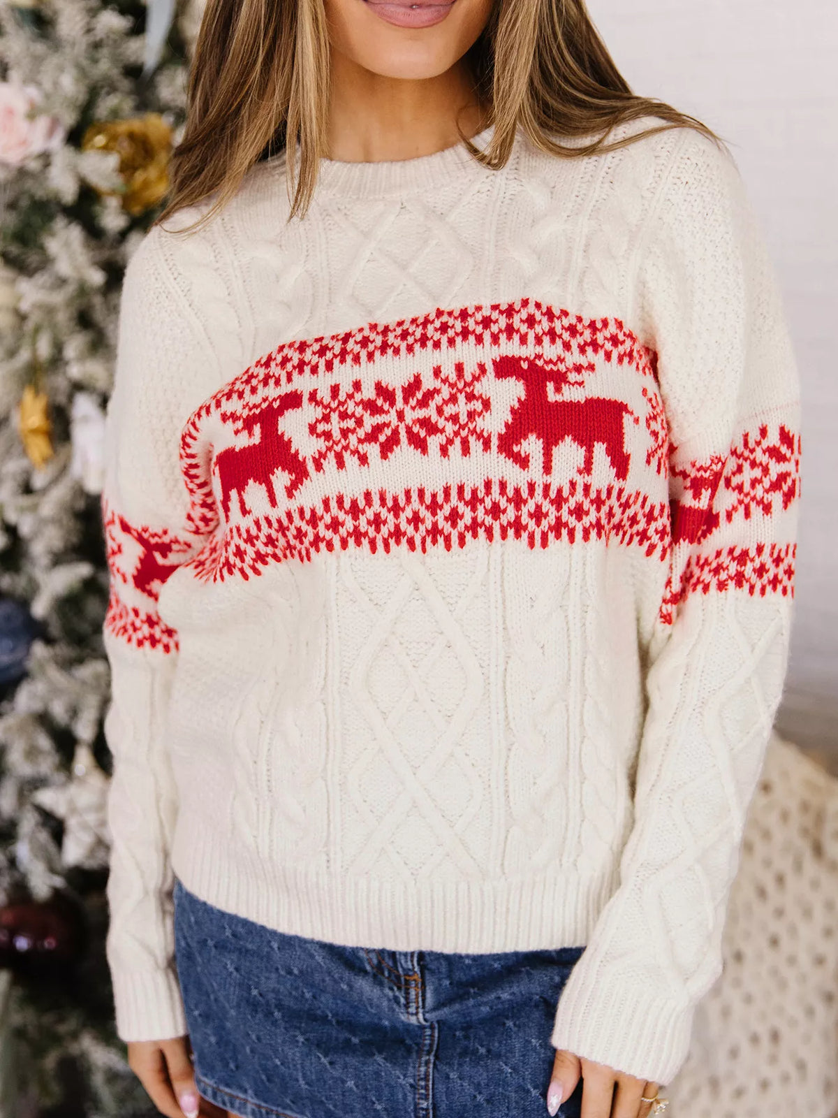 Cream reindeer cable knit Christmas sweater - view 1