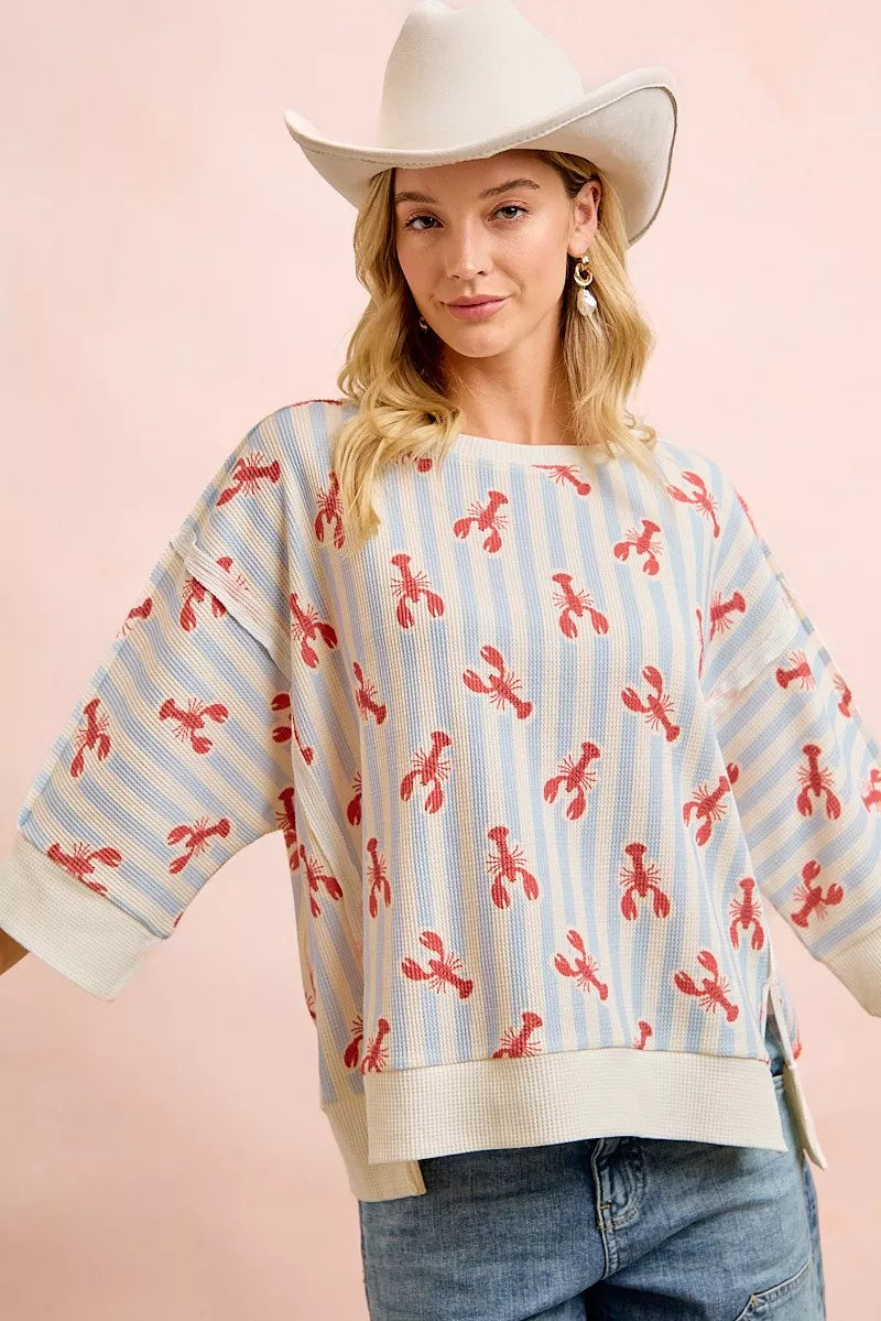 BiBi 4th Of July Lobsters Stripe Waffle Knit Sleeve Top - styled casual outfit view