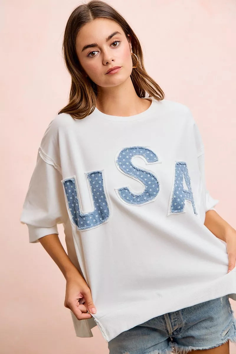 BiBi 4th Of July USA Letter Patchwork French Terry Top - back view
