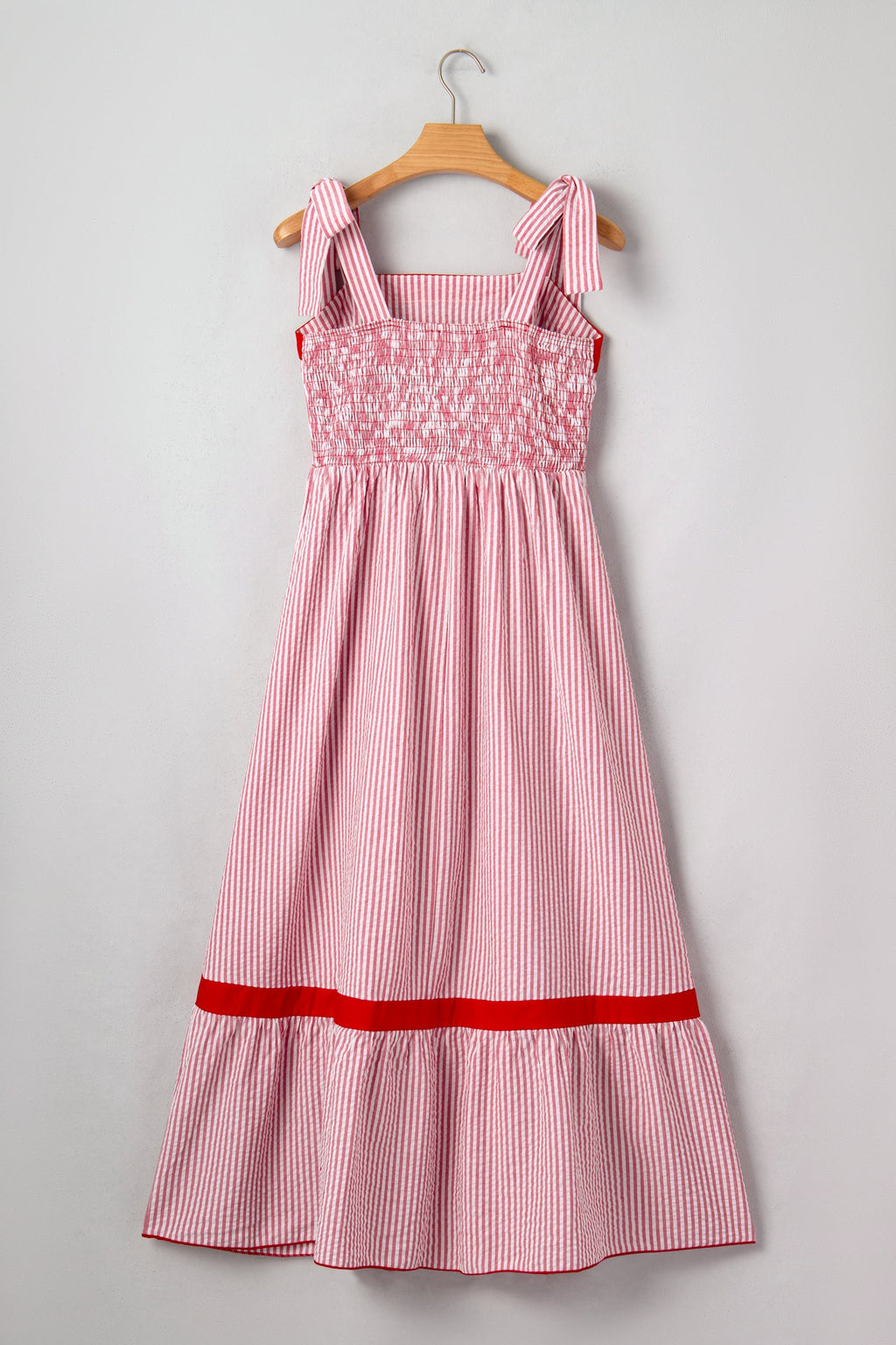 Stripe Bow Tie Straps Ruffle Hem Maxi Dress - close up of bow tie strap and ruffle hem detail