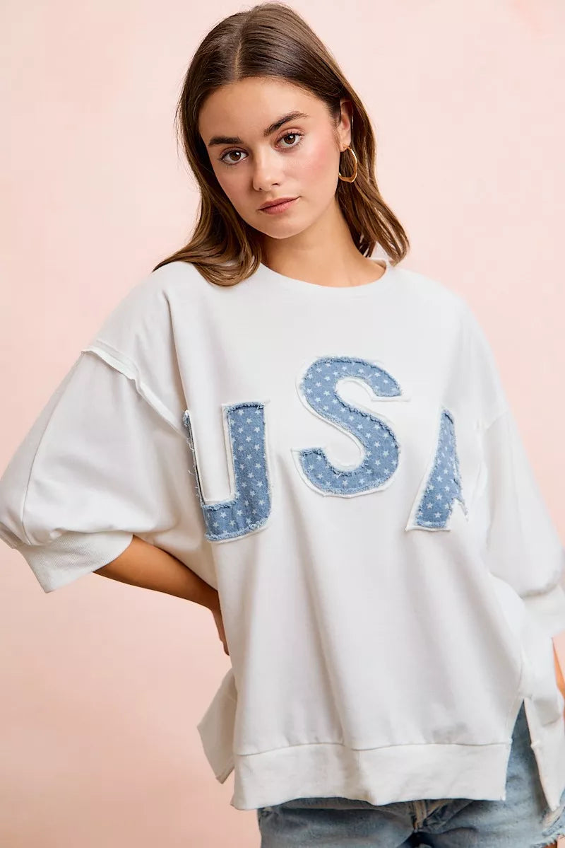 BiBi 4th Of July USA Letter Patchwork French Terry Top - close up of USA letter patchwork detail