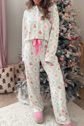 White patchwork Christmas lounge set with button-front top and drawstring pants - view 1