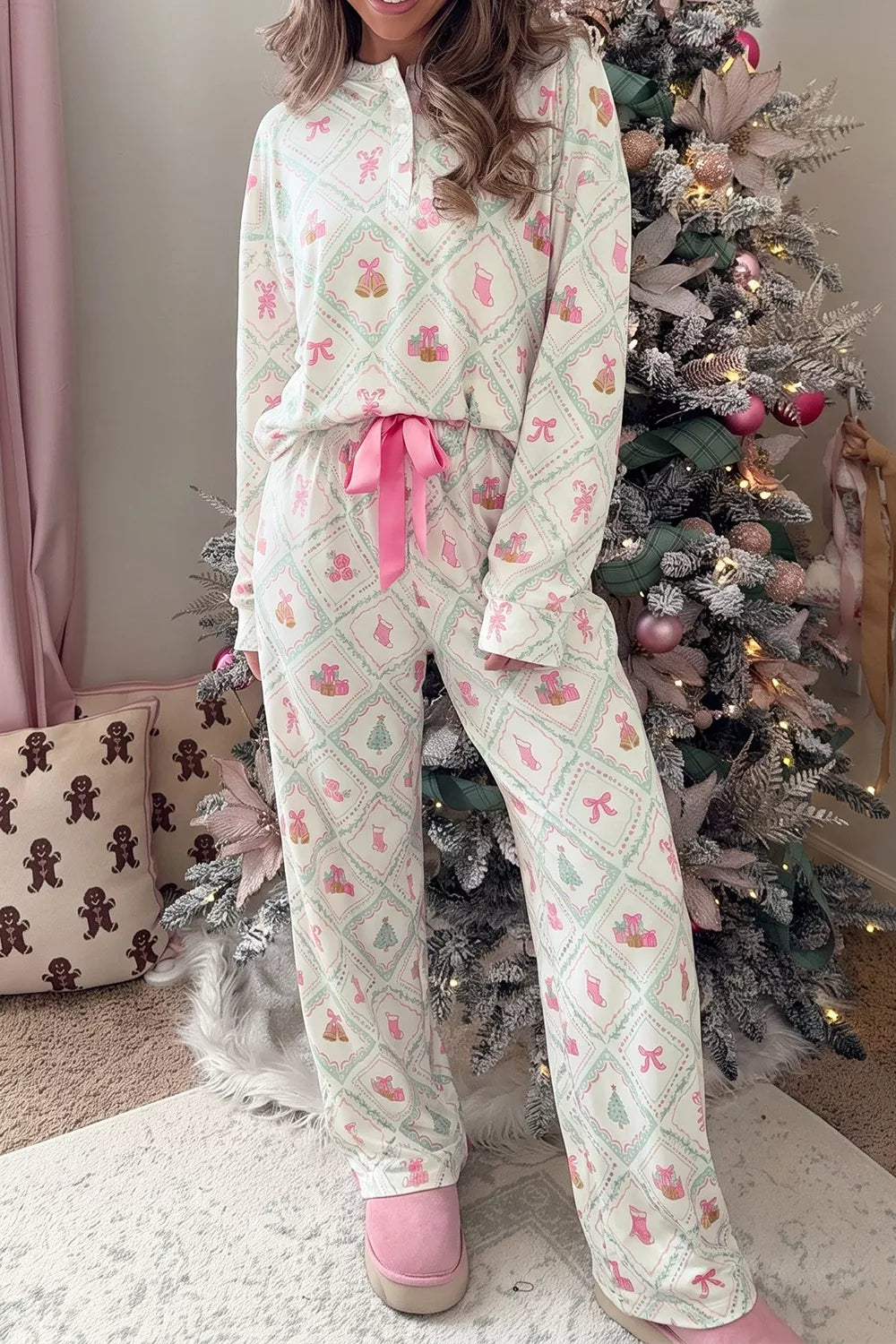 White patchwork Christmas lounge set with button-front top and drawstring pants - view 1