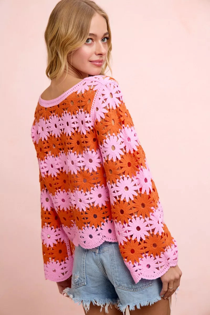 BiBi Flower Crochet Knit Top styled on model
