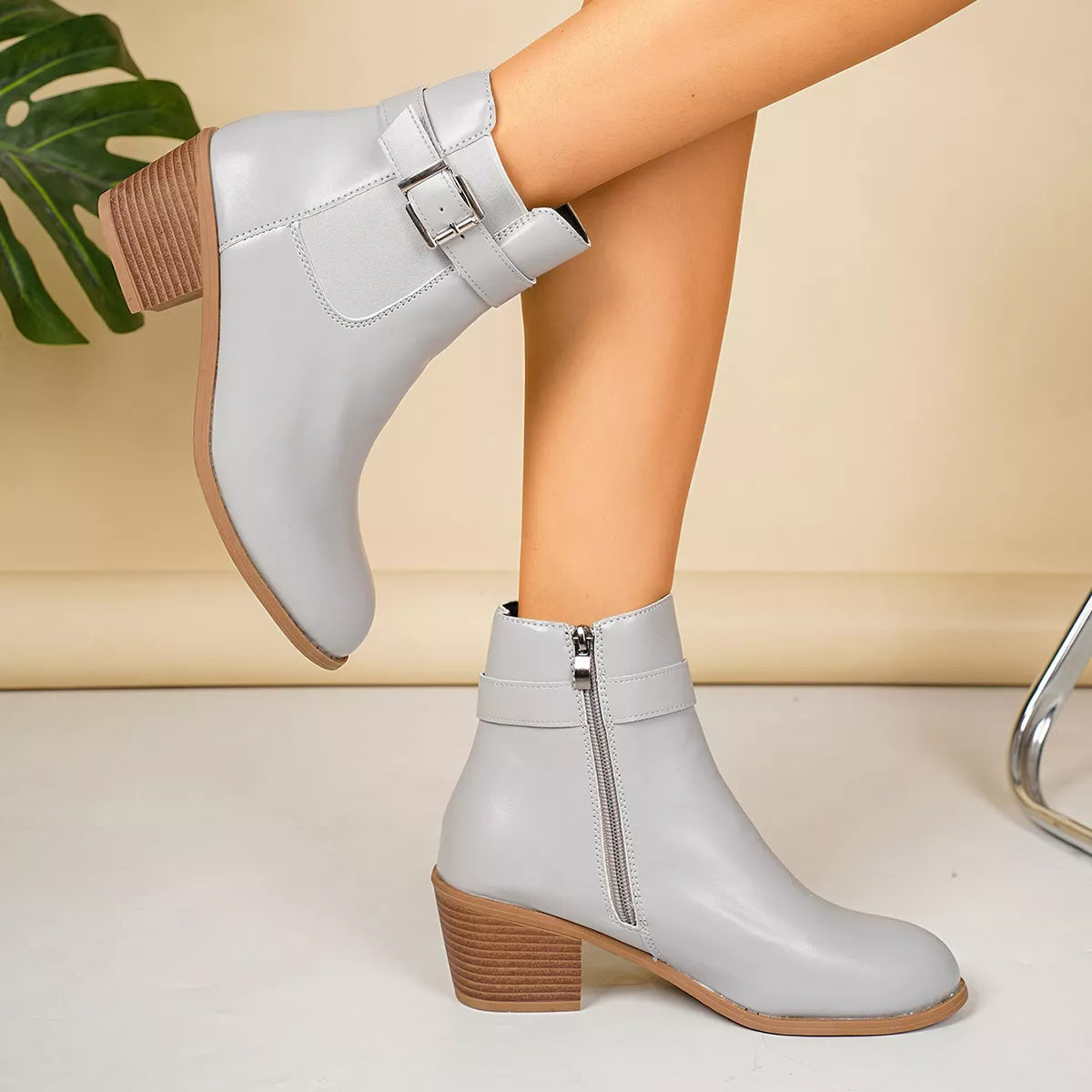 Point toe block heel boots, styled view